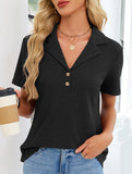 Women's lapel waffle knit casual short-sleeved top