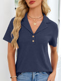 Women's lapel waffle knit casual short-sleeved top