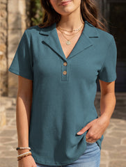 Women's lapel waffle knit casual short-sleeved top