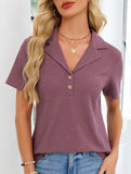 Women's lapel waffle knit casual short-sleeved top