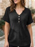 V-neck button-down loose ribbed short-sleeved T-shirt