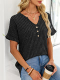 V-neck button-down loose ribbed short-sleeved T-shirt