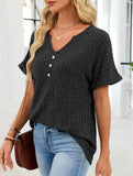 V-neck button-down loose ribbed short-sleeved T-shirt