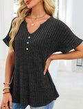 V-neck button-down loose ribbed short-sleeved T-shirt