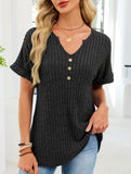 V-neck button-down loose ribbed short-sleeved T-shirt