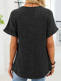 V-neck button-down loose ribbed short-sleeved T-shirt