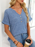 V-neck button-down loose ribbed short-sleeved T-shirt