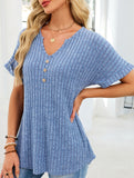 V-neck button-down loose ribbed short-sleeved T-shirt