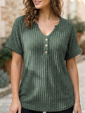 V-neck button-down loose ribbed short-sleeved T-shirt