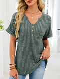 V-neck button-down loose ribbed short-sleeved T-shirt