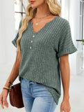 V-neck button-down loose ribbed short-sleeved T-shirt