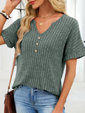 V-neck button-down loose ribbed short-sleeved T-shirt
