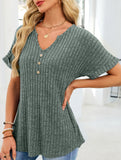 V-neck button-down loose ribbed short-sleeved T-shirt