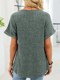 V-neck button-down loose ribbed short-sleeved T-shirt