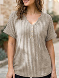 V-neck button-down loose ribbed short-sleeved T-shirt
