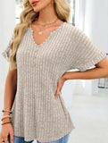 V-neck button-down loose ribbed short-sleeved T-shirt