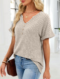 V-neck button-down loose ribbed short-sleeved T-shirt