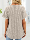 V-neck button-down loose ribbed short-sleeved T-shirt