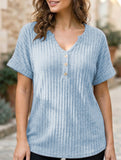 V-neck button-down loose ribbed short-sleeved T-shirt