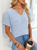 V-neck button-down loose ribbed short-sleeved T-shirt