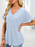 V-neck button-down loose ribbed short-sleeved T-shirt