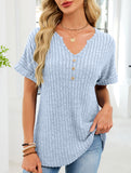 V-neck button-down loose ribbed short-sleeved T-shirt