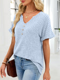 V-neck button-down loose ribbed short-sleeved T-shirt
