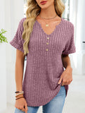 V-neck button-down loose ribbed short-sleeved T-shirt