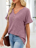 V-neck button-down loose ribbed short-sleeved T-shirt
