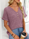 V-neck button-down loose ribbed short-sleeved T-shirt