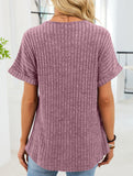 V-neck button-down loose ribbed short-sleeved T-shirt