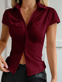Sexy solid color short-sleeved shirt for women