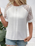 Round neck casual white lace-trimmed pullover shirt