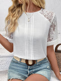 Round neck casual white lace-trimmed pullover shirt