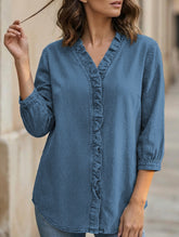 Women's Casual Denim V-Neck Ruffled Shirt Top_CWTSTS00876