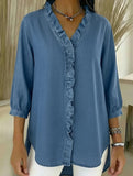 Women's Casual Denim V-Neck Ruffled Shirt Top_CWTSTS00876