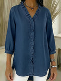Women's Casual Denim V-Neck Ruffled Shirt Top_CWTSTS00876
