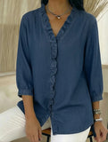 Women's Casual Denim V-Neck Ruffled Shirt Top_CWTSTS00876