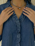 Women's Casual Denim V-Neck Ruffled Shirt Top_CWTSTS00876