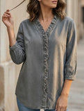 Women's Casual Denim V-Neck Ruffled Shirt Top_CWTSTS00876