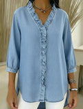 Women's Casual Denim V-Neck Ruffled Shirt Top_CWTSTS00876