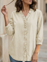 Women's Casual Denim V-Neck Ruffled Shirt Top_CWTSTS00876