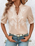 V Neck Embroidered Cotton Short Sleeve Shirt