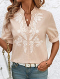 V Neck Embroidered Cotton Short Sleeve Shirt