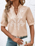 V Neck Embroidered Cotton Short Sleeve Shirt