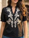 V Neck Embroidered Cotton Short Sleeve Shirt