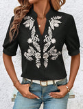 V Neck Embroidered Cotton Short Sleeve Shirt