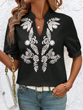 V Neck Embroidered Cotton Short Sleeve Shirt