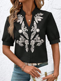 V Neck Embroidered Cotton Short Sleeve Shirt