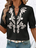 V Neck Embroidered Cotton Short Sleeve Shirt